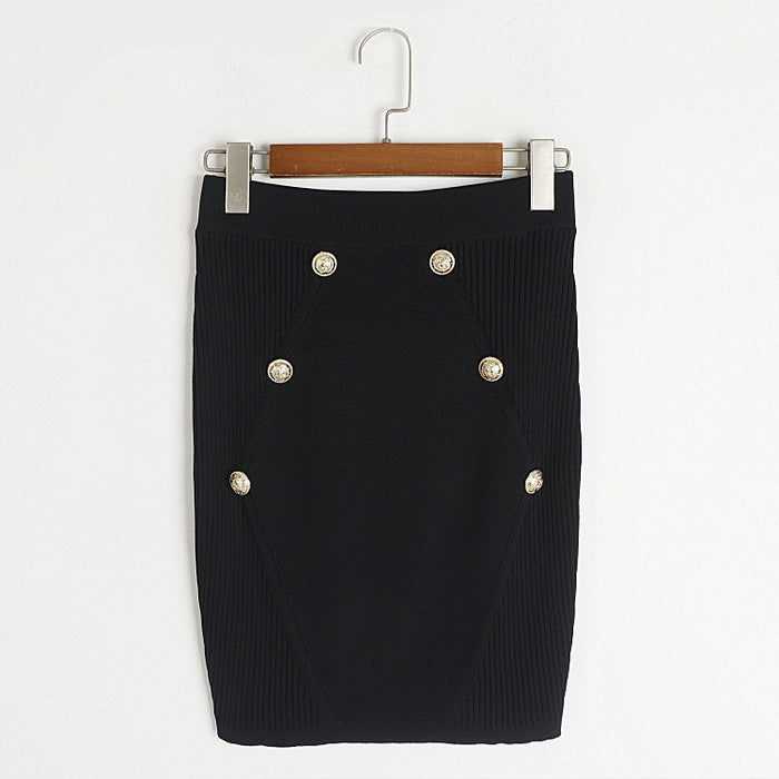 Color-Black Skirt-Round Neck Metal Buckle Set Early Autumn Winter French Faux Pocket Stand Collar Jacket with Skirt Knitted Two Piece-Fancey Boutique