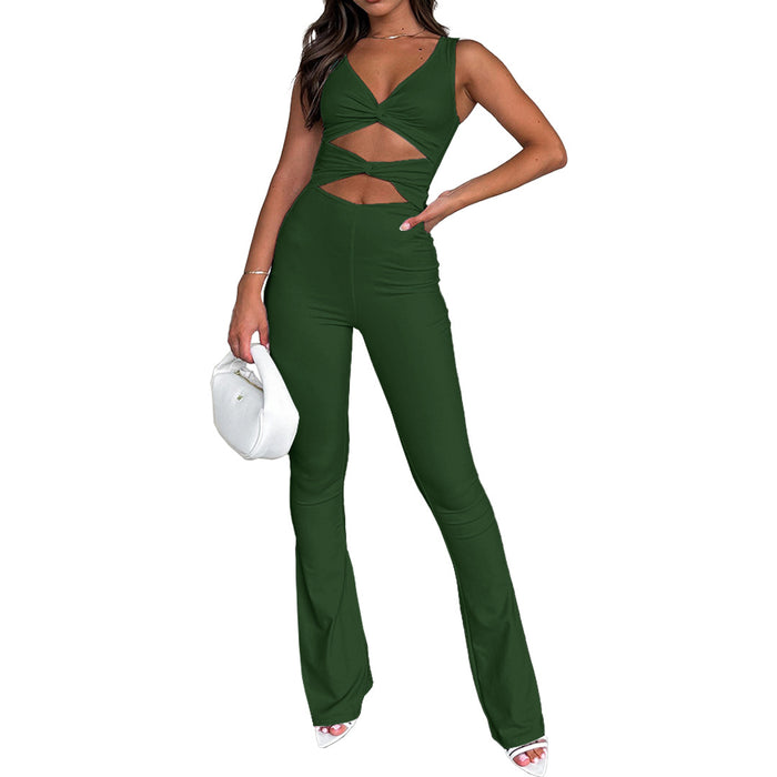 Color-Green-Women Clothing Solid Color Slimming Hollow Out Cutout Twist One Piece Bell Bottom Pants Jumpsuits-Fancey Boutique