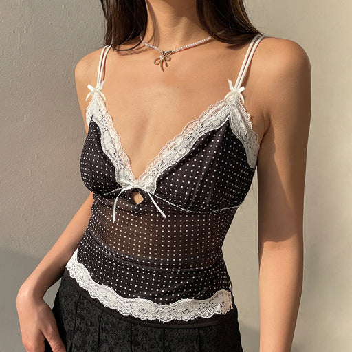 Black White Color Matching Polka Dot Printing See through Mesh Camisole Sexy Hollow Out Cutout out Lace Split Vest-Fancey Boutique