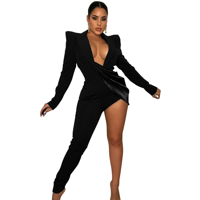 Color-Black-Sexy Solid Color Tight V Neck Long Sleeve Jumpsuit Women-Fancey Boutique