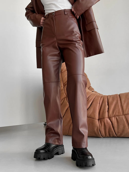 Leather Pants Women Autumn Winter British Motorcycle Women Pants Stitching Casual Women Faux Leather Long Pants-Burgundy-Fancey Boutique