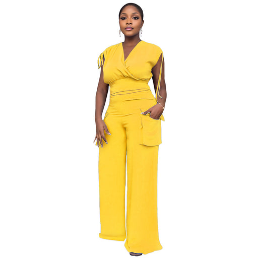 Drawstring Sleeveless Vest High Waist Women Baggy Straight Trousers Two Piece Suit-Yellow-Fancey Boutique