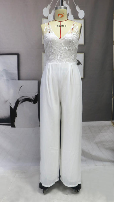 Jumpsuit Lace Chiffon Jumpsuit V neck Mid Waist White Trousers Wide Leg Pants-White-Fancey Boutique