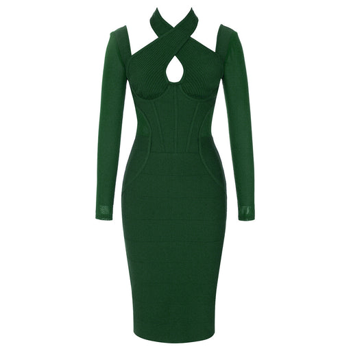 Simple Retro Long Sleeve Backless Halter Back Slit Dress Dress-Blackish Green-Fancey Boutique