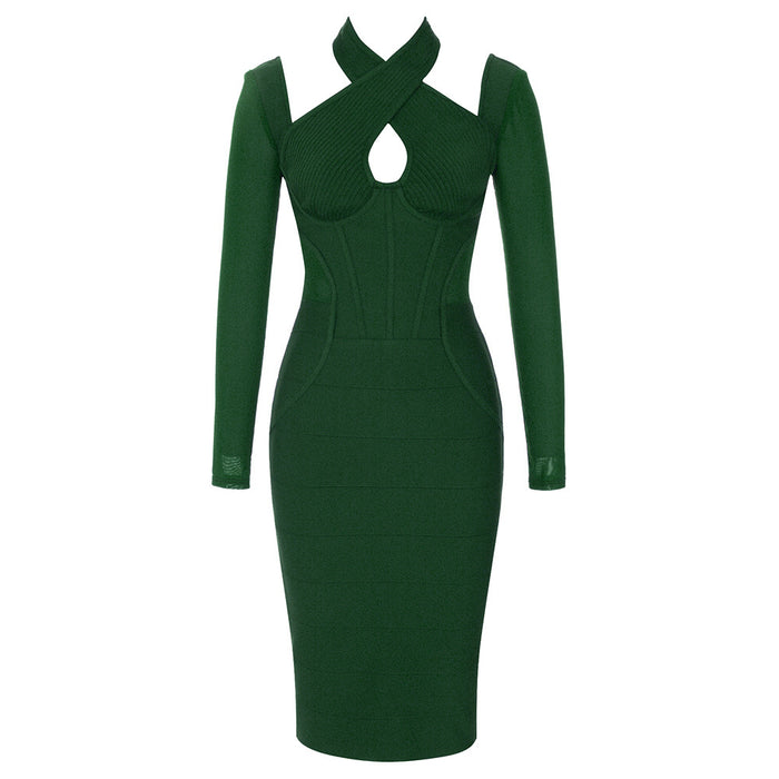 Simple Retro Long Sleeve Backless Halter Back Slit Dress Dress-Blackish Green-Fancey Boutique