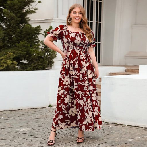 Color-Red-Plus Size Women Clothing Printed Casual Holiday Dress Bohemian French Elegant Mid Length Dress-Fancey Boutique