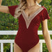 Color-Burgundy-Women Clothing Jumpsuit Solid Color Lace Collar Stitching Jumpsuit Swimsuit-Fancey Boutique