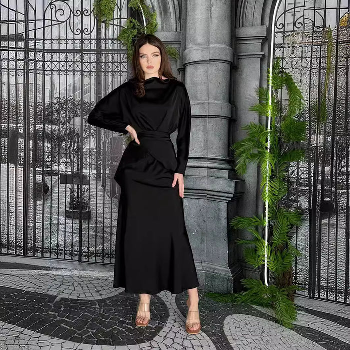 Satin Bandage Design Long Sleeve Pullover High Waist One Step Skirt Set-Black-Fancey Boutique