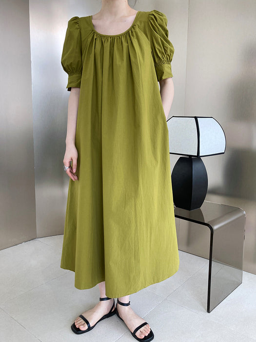 Color-Mustard Green-Puff Sleeve Mid Length Dress Loose Slimming A line Dress-Fancey Boutique