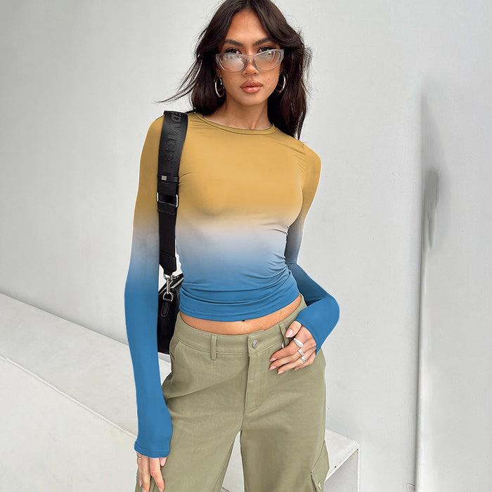 Color-Yellow and Blue Contrast Color-Women Clothing Autumn Winter Gradient Color round Neck Long Sleeve Basic Top-Fancey Boutique