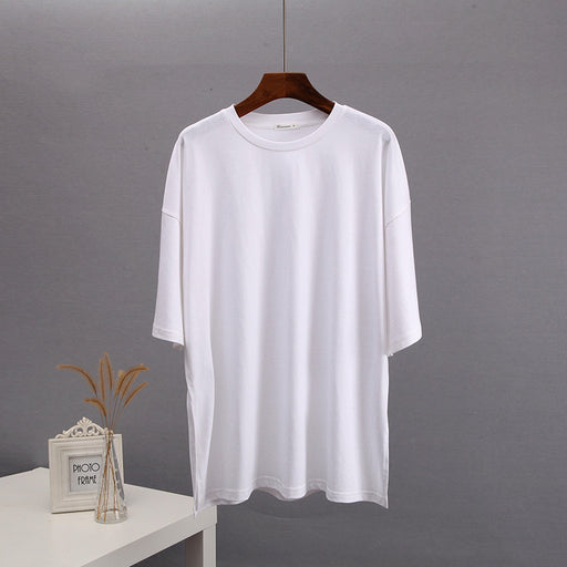 Summer Loose Split Cotton Short Sleeved T Shirt Women Comfortable Round Neck Solid Color-White-Fancey Boutique