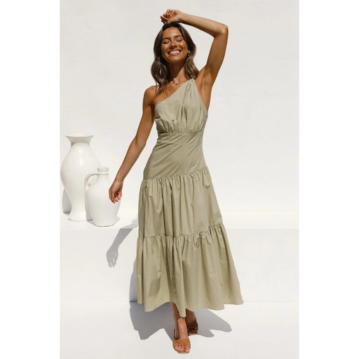 Color-Green-Spring Summer One-Shoulder Knotted Solid Color Fresh Long Sweet Dress-Fancey Boutique