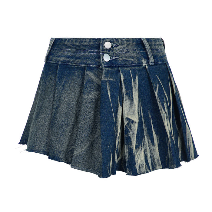 Color-Blue-Street Women Clothing Washed Do the Old Cowboy Miniskirt Sexy Low Waist Two Button Frayed Pleated Skirt-Fancey Boutique