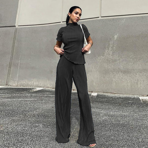 Spring Slimming T shirt High Waist Blue Pleated Wide Leg Pants Casual Women Clothing Fashion Suit-Black-Fancey Boutique