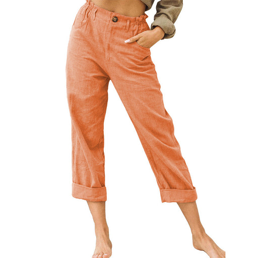 Color-Orange-Women Clothing Summer Solid Color Cotton Linen Loose High Waist Casual Trousers-Fancey Boutique