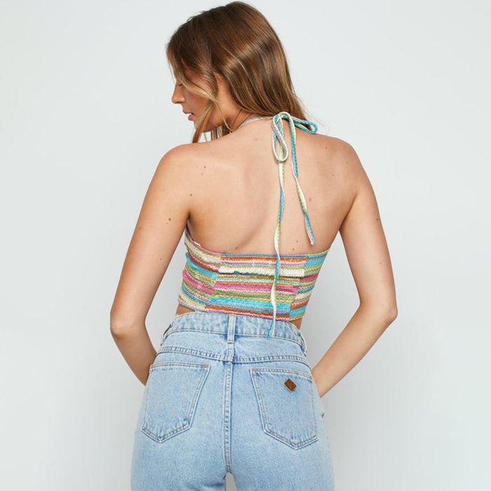 Color-Women's Summer Sexy Halter Cut Out Lace Up Color Striped Backless Vest Women-Fancey Boutique