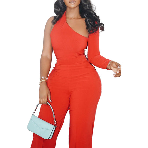 Color-Red-Sexy Slim Fit Solid Color Stretch Shoulder Long Sleeve Wide Leg Two Piece Set-Fancey Boutique