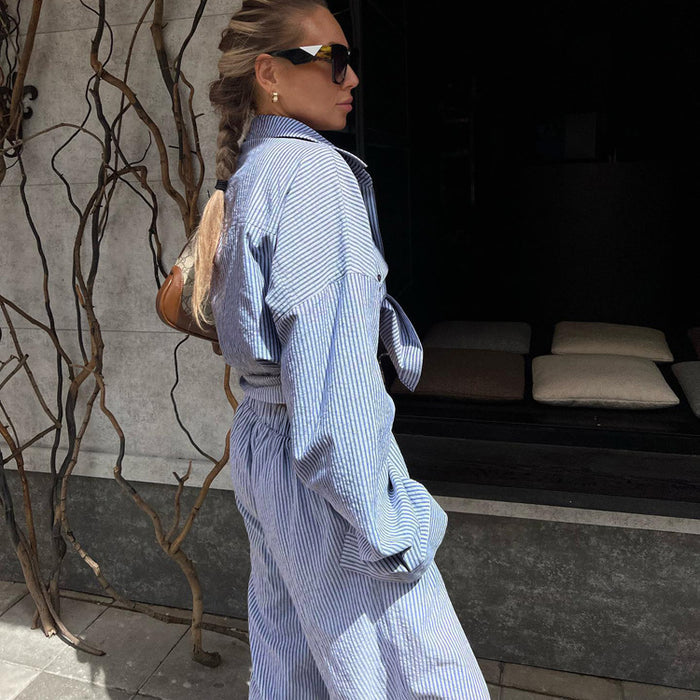 Blue Color Striped Collared Shirt Long Sleeve Wide Leg Pants Suit Loose Women Clothing-Fancey Boutique