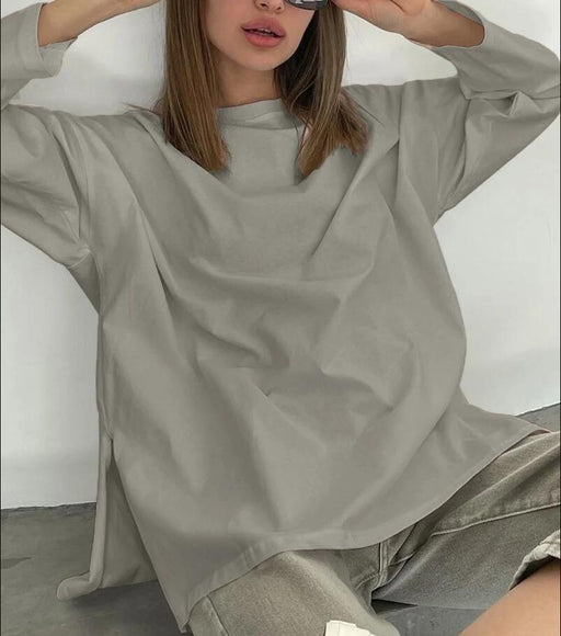 Loose Long Sleeve Split T shirt Women Solid Color Spring Summer Women Clothing Cotton Top-Khaki1-Fancey Boutique