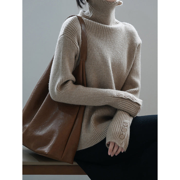 Soft Glutinous Turtleneck Sweater Women Winter Button Slim Knit Bottoming Shirt-Oats-Fancey Boutique