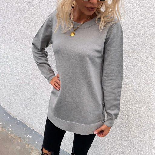 Color-Gray-Women Clothing Autumn Winter Sweaters Women round Neck Button Solid Color Split Sweater-Fancey Boutique