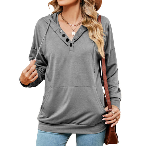 Color-Gray-Autumn Winter Solid Color Buttons Drawstring Pocket Loose Long Sleeve Sweatershirt Women-Fancey Boutique