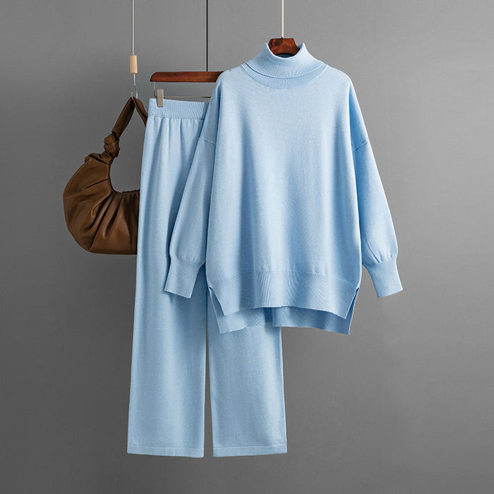 Color-Light Blue-Turtleneck Sweater Suit Autumn Winter Women Solid Color Slit Sweater Loose Casual Knitted Two Piece-Fancey Boutique