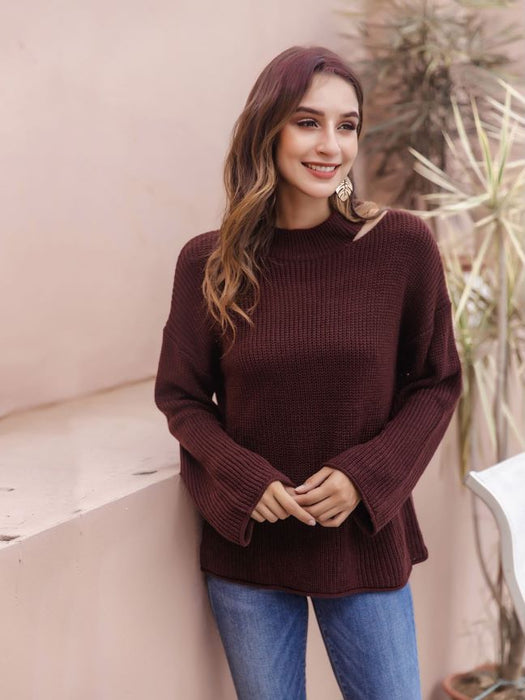 Color-Red-Autumn Winter Popular Irregular Asymmetric Cut Strapless round Neck Casual Sweater Sweater-Fancey Boutique
