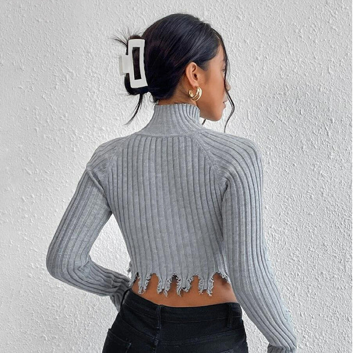 Knitted Sweaters Women Clothing Turtleneck Long Sleeve Distressed Sexy Cutout Short Cropped Exposed Design Sweater-Fancey Boutique