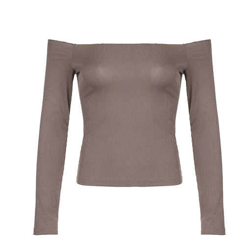 Color-Brown-Off Shoulder Sexy Slim Fit Long Sleeved T shirt Slim Sexy Solid Color Short Top-Fancey Boutique