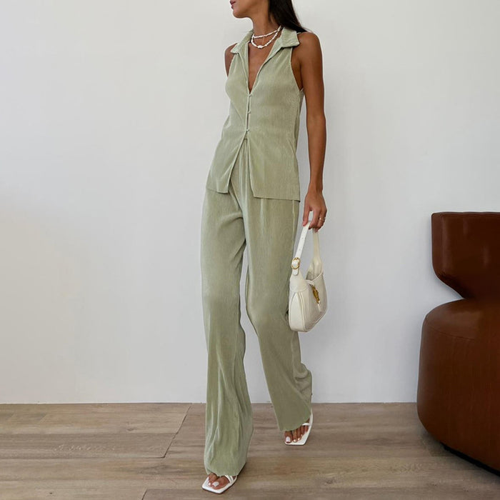 Women Clothing Summer Casual Solid Color Sleeveless Shirt High Waist Trousers Pleated Suit-Fancey Boutique