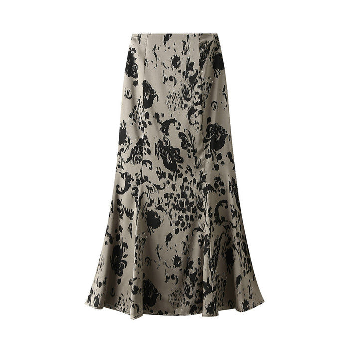 Women Skirt Summer Vintage Printed Fishtail Skirt High Waist Slim Slimming Mid Length Hip Wrapping Skirt-Card black-Fancey Boutique