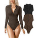 Color-Dark Brown-Long Sleeved Jumpsuit Sexy Ribbed One Piece Front Long Sleeve Zipper Top Jumpsuit-Fancey Boutique