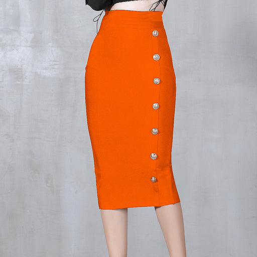 Color-Orange-Autumn Winter Tight Waist Slimming Skirt Seam Buckle Midi Slim Fit Bandage Wild Hip Skirt-Fancey Boutique