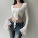 Vacation Solid Color Base Light Hollow Out Cutout Loose Flared Sleeve Cardigan Sexy Lacing Sun Protective Blouse-Fancey Boutique