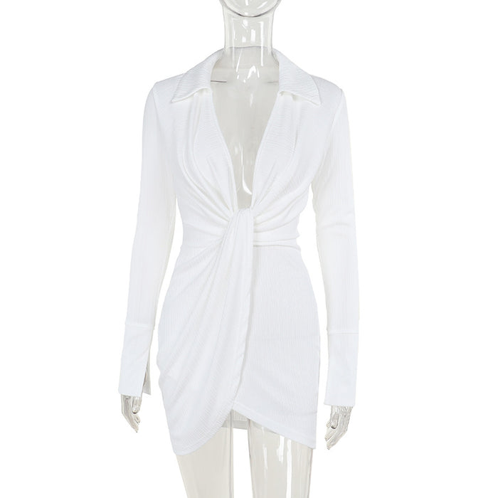 Sexy Hip Dress Sexy V Neck Long Sleeve Dress Women-White-Fancey Boutique