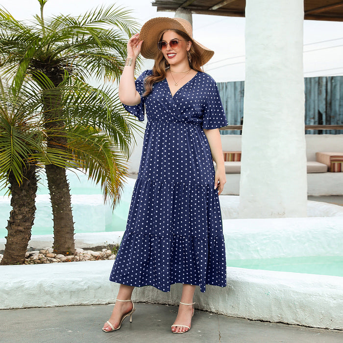 Color-Blue-Plus Size Summer Women Clothing Polka Dot Casual Holiday Dress V Neck Elegant Swing Mid Length Dress-Fancey Boutique