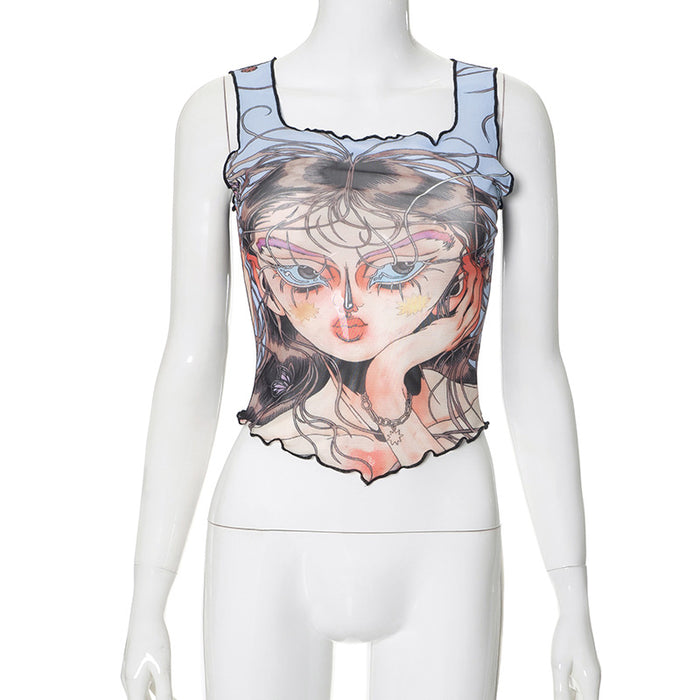 Color-Purple-Cartoon Mesh Printed Sleeveless Wooden Ear Square Collar Short Top Women-Fancey Boutique