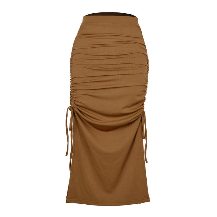 Color-Khaki-Slit Knitted Slim Skirt Pleated Tie Sexy Sheath Women Clothing Skirt-Fancey Boutique