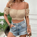 Color-Khaki-Spring Summer Women Clothing Puff Sleeve Short Sexy Lace up Women Shirt Top-Fancey Boutique
