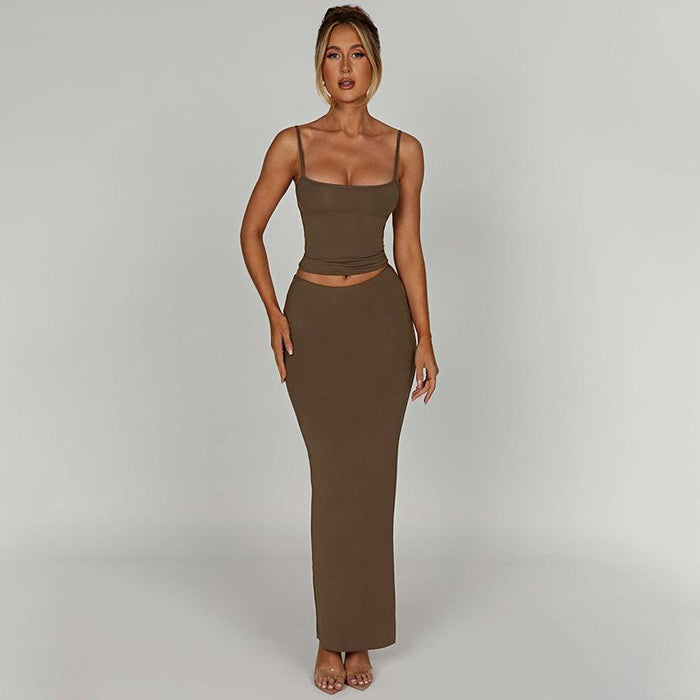 Color-Brown-Summer Elegant Elegant Slim Fit Maxi Dress Sling Skirt Casual Suit for Women-Fancey Boutique