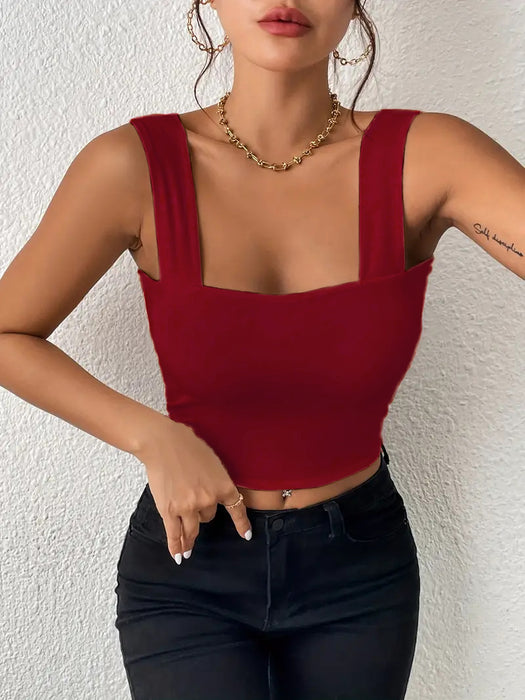 Camisole Wide Shoulder Strap Sleeveless Outerwear Top Sexy Slim Fit Sexy Back-Burgundy-Fancey Boutique