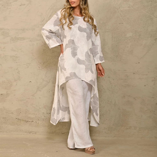 Women Clothing Casual Loose Print Irregular Asymmetric Top Suit Summer-Ivory-Fancey Boutique