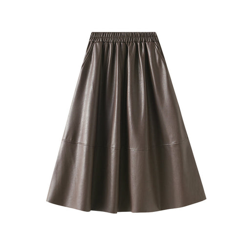 Color-Deep Coffee-Artificial Leather Retro Leather Skirt Mid Length Skirt Women High Waist A Line Skirt Long Skirt Elegant Umbrella Skirt-Fancey Boutique