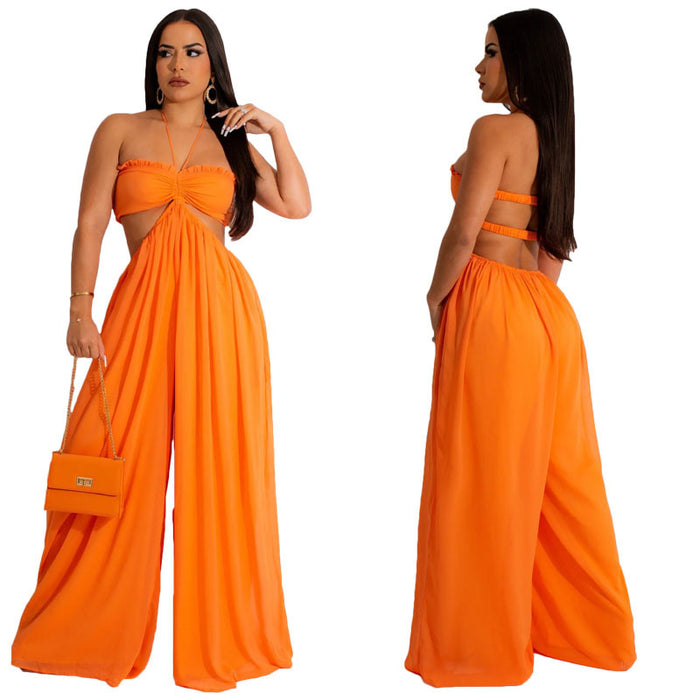 Color-Orange-Women Clothing Spring Summer Solid Color Sexy Loose Backless Jumpsuit-Fancey Boutique