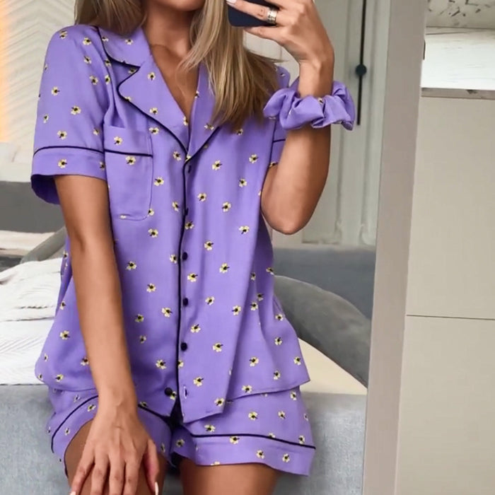 Summer Satin Printing Stitching Short Sleeved Shorts Hair Ring Three Piece Set Cool Feeling Ladies Homewear-Purple-Fancey Boutique