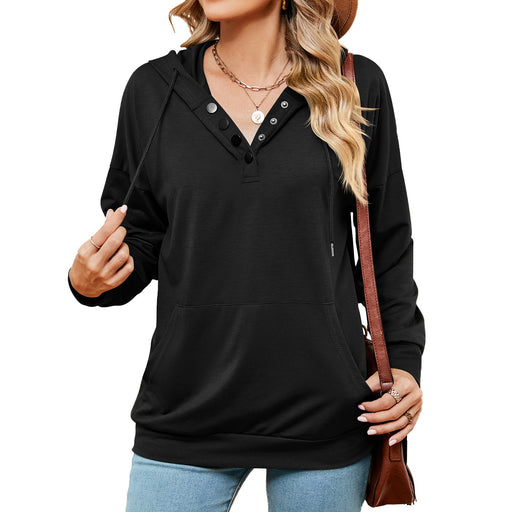 Color-Black-Autumn Winter Solid Color Buttons Drawstring Pocket Loose Long Sleeve Sweatershirt Women-Fancey Boutique