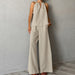 Khaki Cotton Linen Hollow Out Cutout out Tied Sleeveless Halter Vest Wide Leg Pants Set Spring Summer-Fancey Boutique