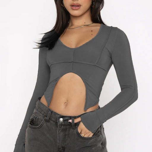 Color-Gray-Chic Sexy U Collar Hollow Out Cutout Out Top Bat down U Cropped Sexy Slim Long Sleeve T Shirt Women-Fancey Boutique
