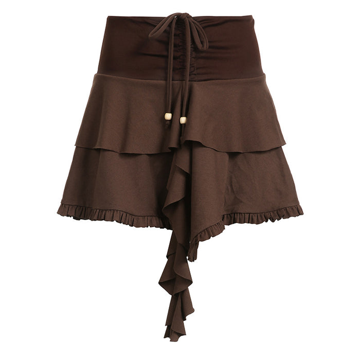 Color-Brown-Retro Sweet Irregular Asymmetric Double Layer Ruffled Skirt Cinched Drawstring Lace-up Solid Color Short Skirt-Fancey Boutique
